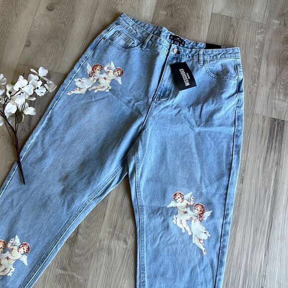 NWT Missguided Denim Riot Hi Rise Mom Jeans Cherub Angels Size 16 16R - Picture 2 of 11